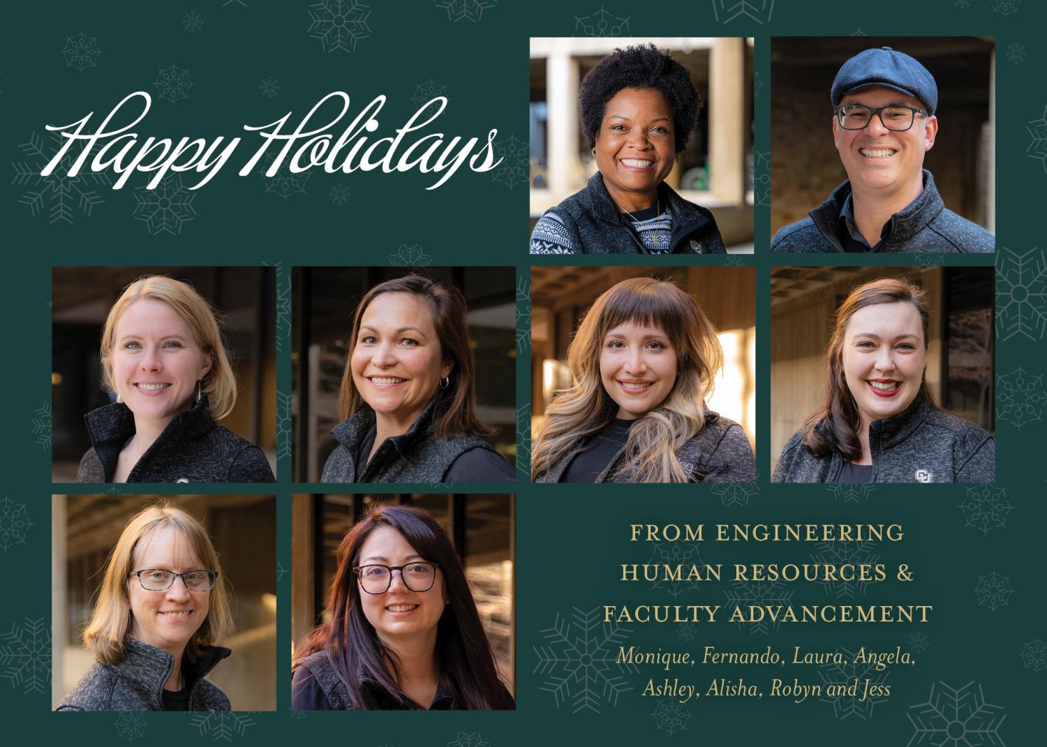 Headshots of the HR team, with text wishing everyone happy holidays