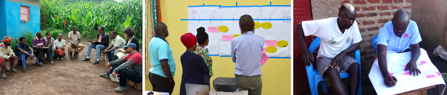 Researchers speaking with community members in the field