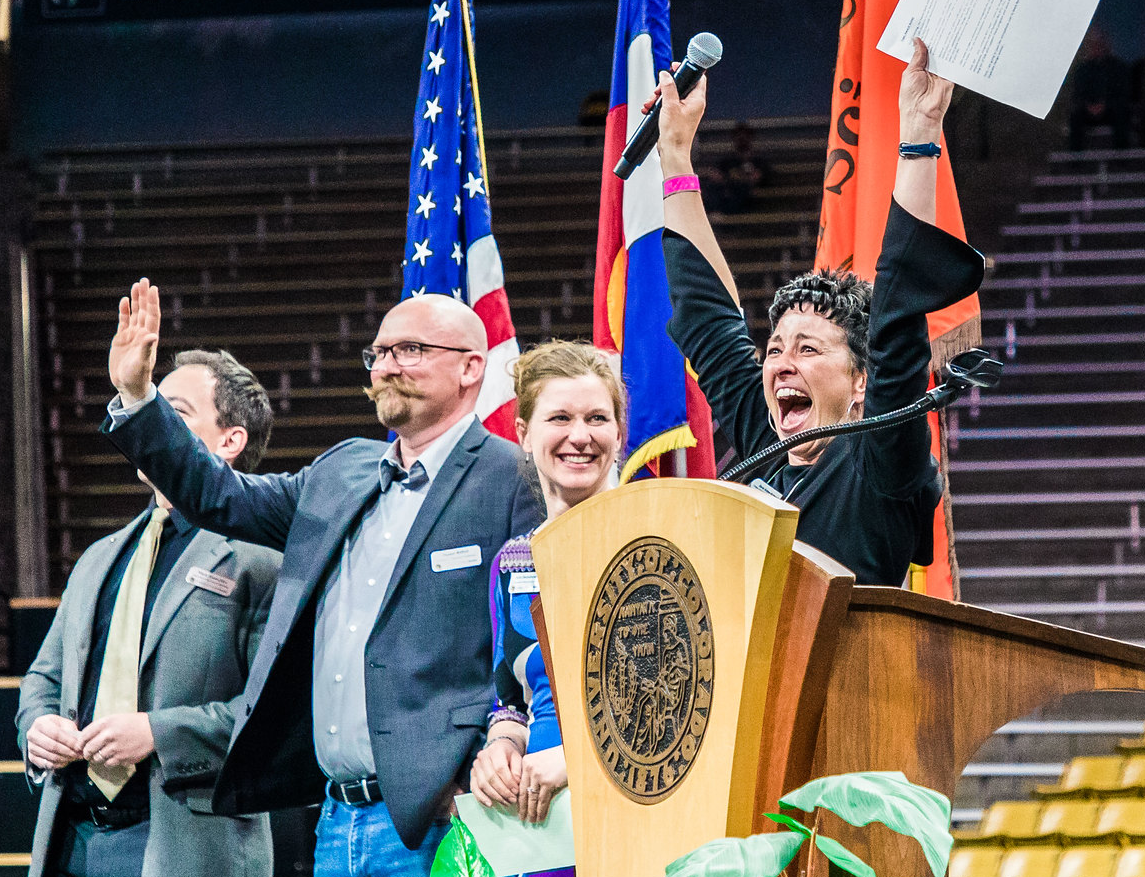 Daria Kotys-Schwartz and others celebrating 2018 CU Engineering Expo winners