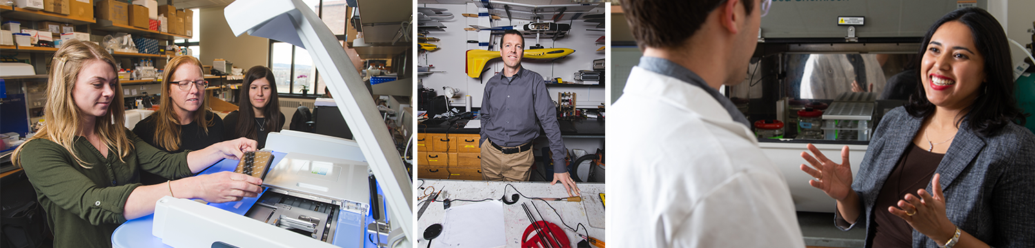 A collage showing three faculty members working in their labs.