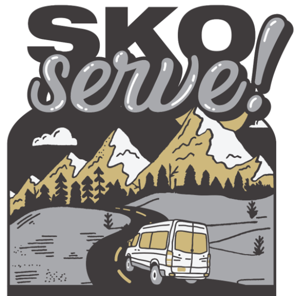 A cartoon illustration of a van driving toward mountains, with the text Sko Serve!