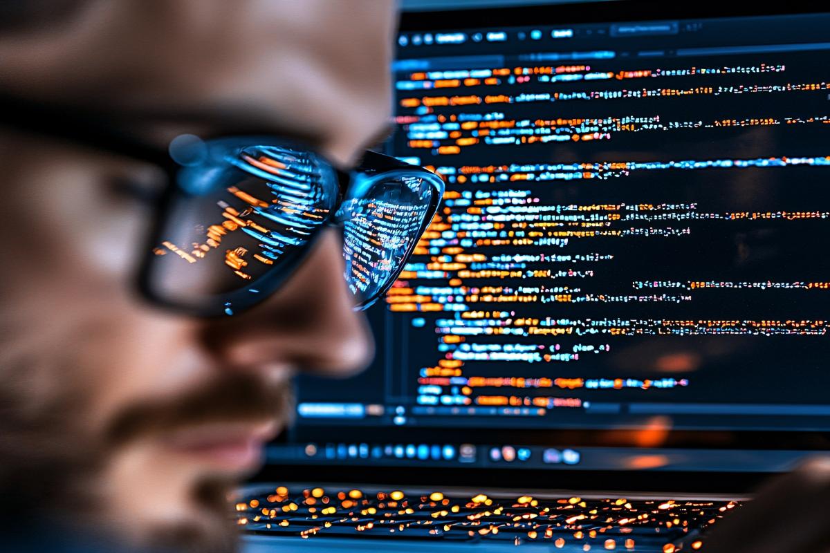 Focused Programmer Working on Code with Computer Screen Reflection
