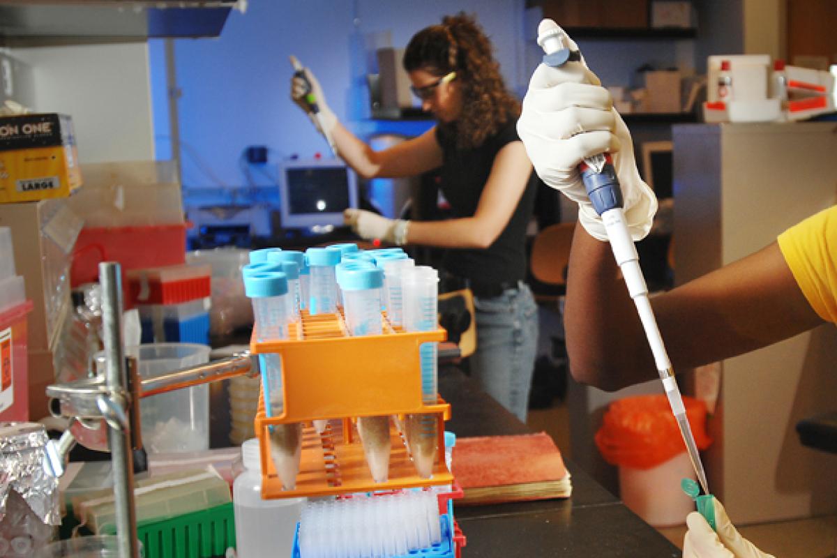 Person in yellow shirt holds pipet