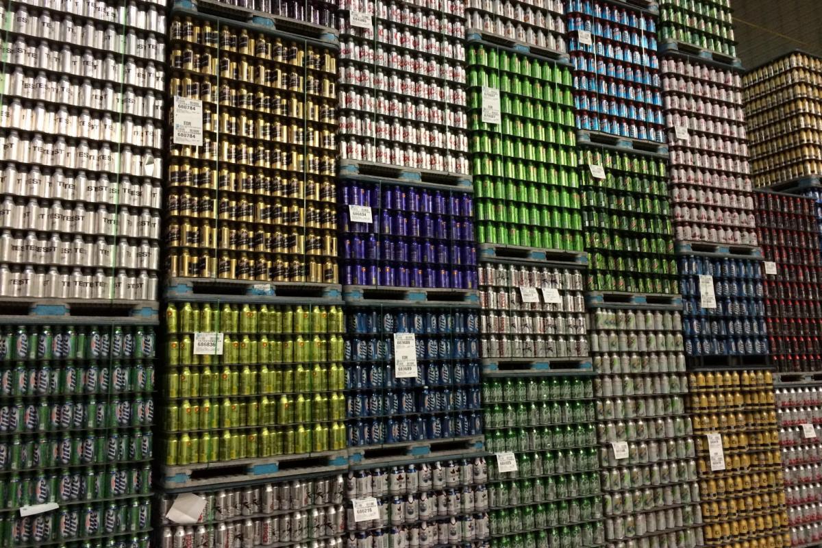 Stack of Ball aluminum cans in warehouse