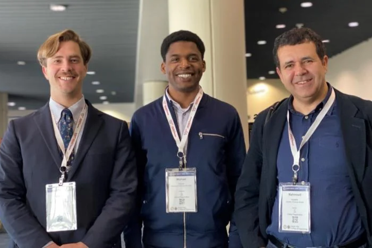 Asst. Prof. Michael Frazier (center); with his PhD advisor, CU Boulder Prof. Mahmoud Hussein (right); and Frazier's current PhD student, Jack Pechac (left).