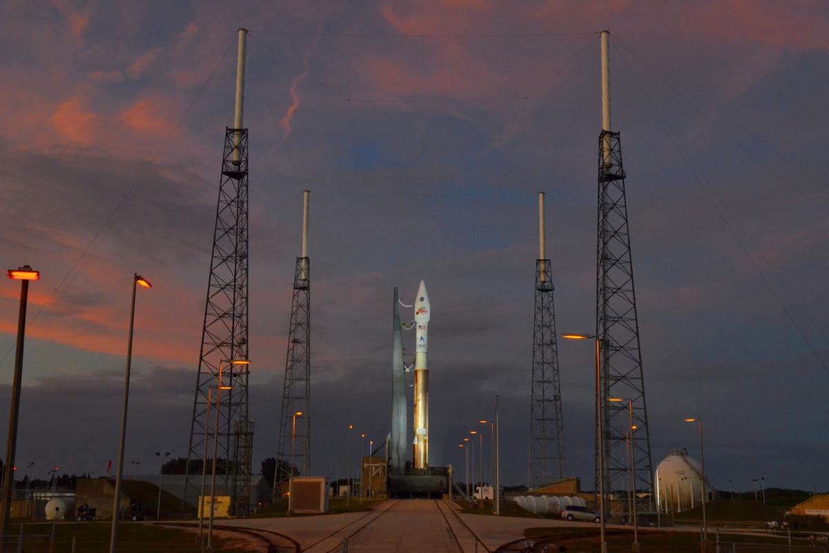 The MAVEN spacecraft sits atop an ATLAS V rocket on launchpad 41 at Kennedy Space Center in Florida.