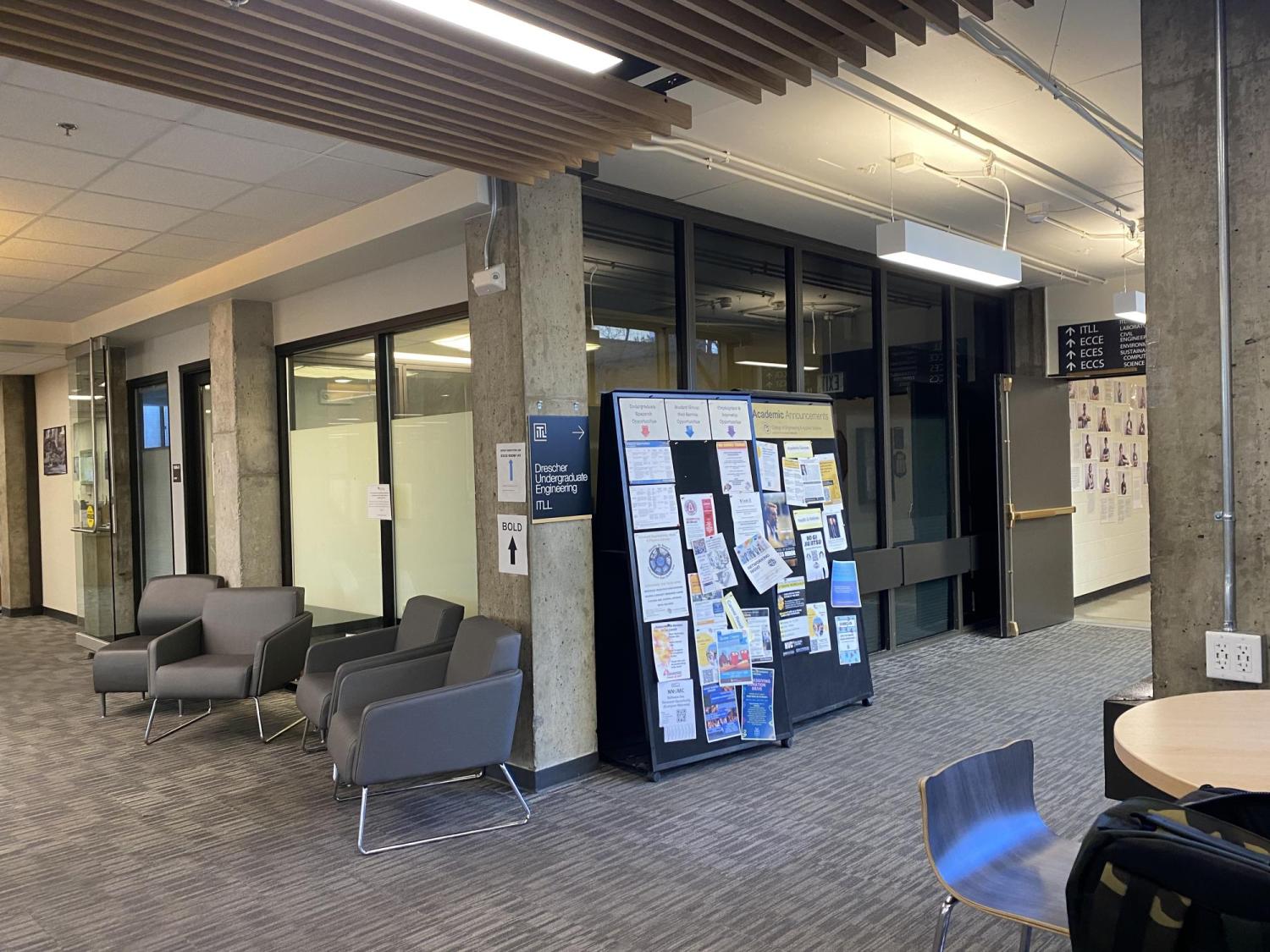 The back of the engineering lobby, where you turn right