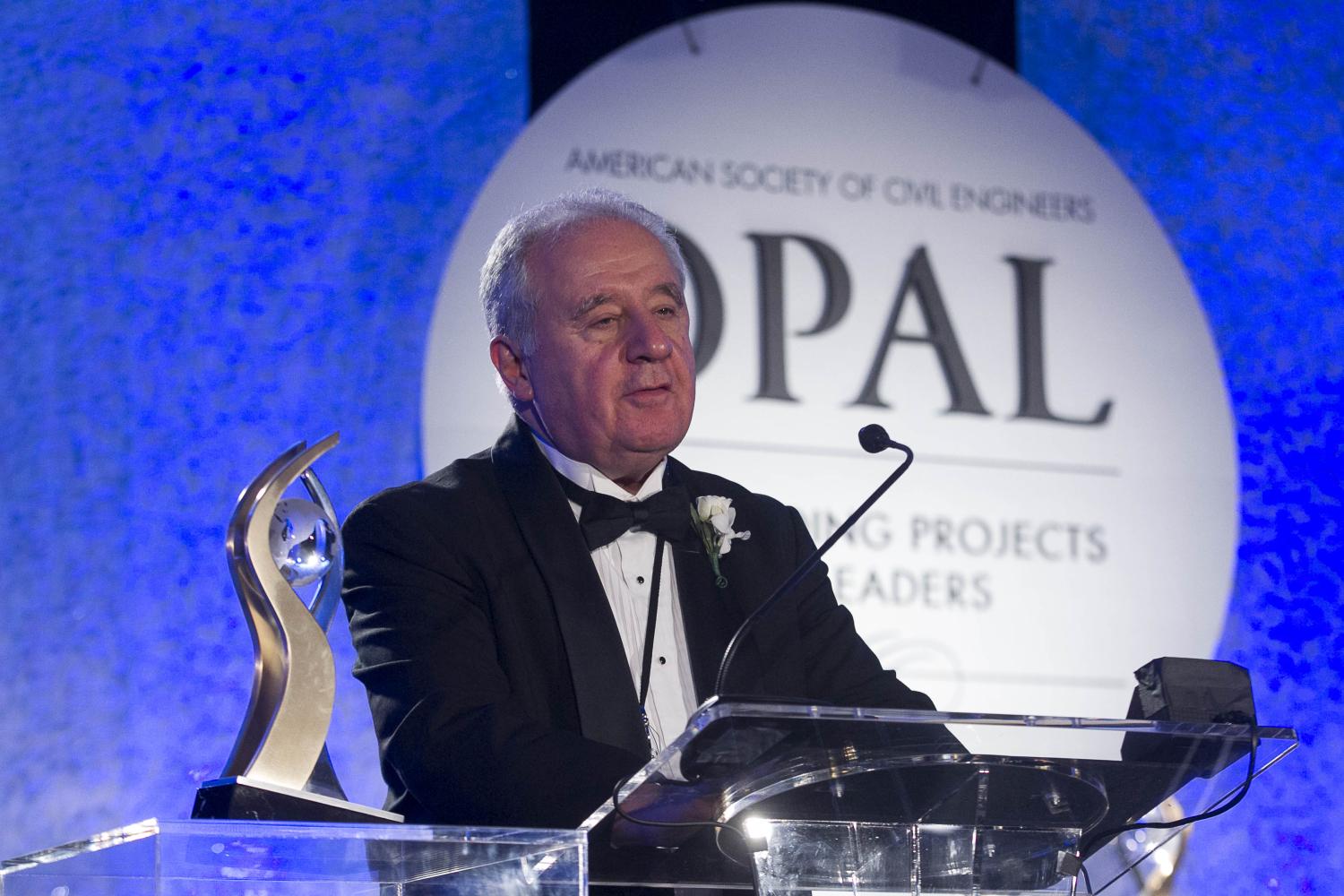 Frangopol speaks on-stage at the 2016 ASCE OPAL award ceremony