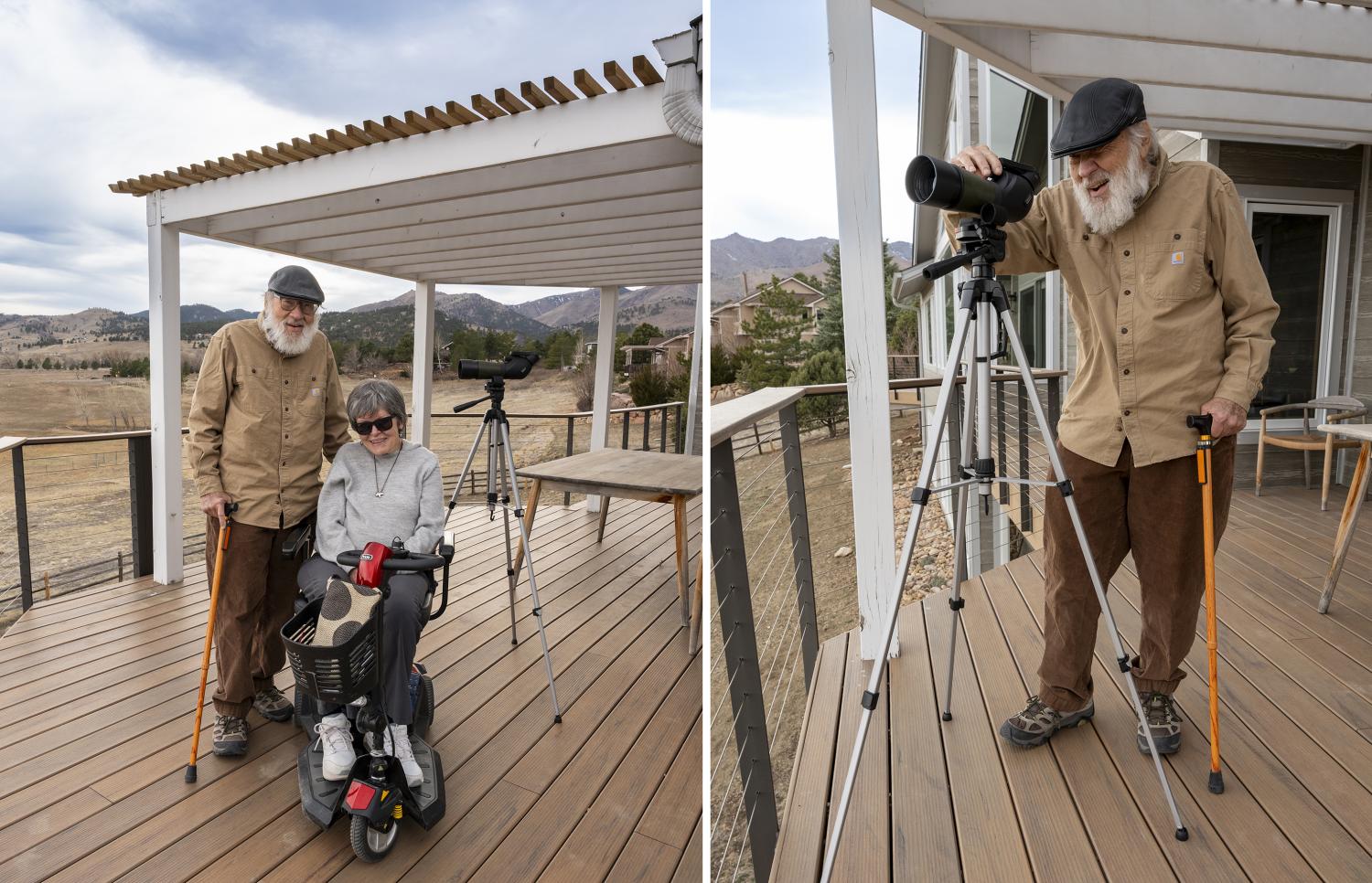 The Hatfields at their home in Boulder demonstrating the Wildstream technology with a telescope