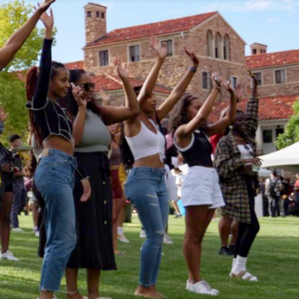 Students on campus participating in a group event