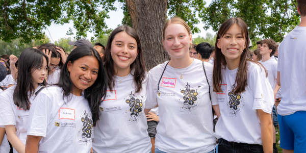 First-year female engineering students shown attending welcome BBQ. 