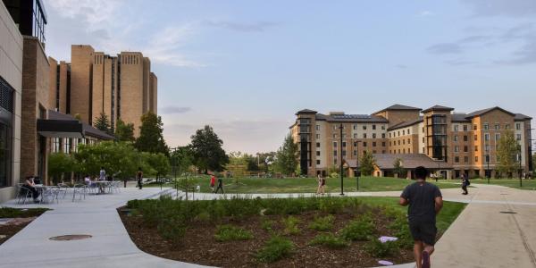 Students walk through Williams Village at twilight