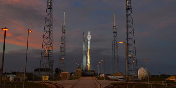 The MAVEN spacecraft sits atop an ATLAS V rocket on launchpad 41 at Kennedy Space Center in Florida.