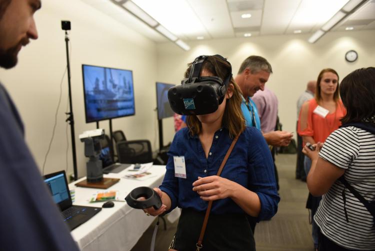 A student wearing a Ball VR headset.