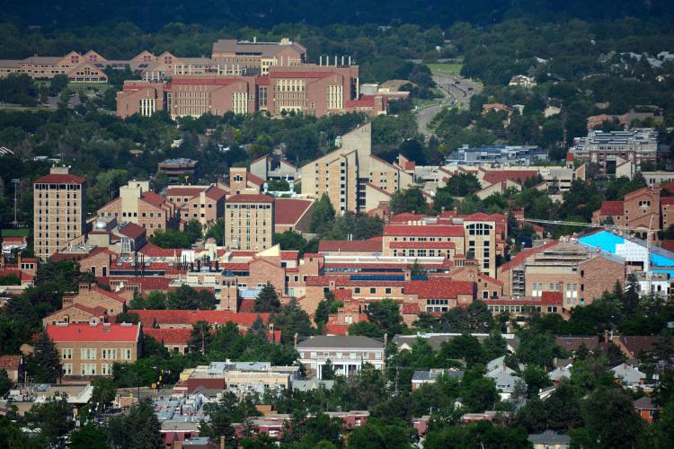 CU Boulder campus aerial view including engineering building,