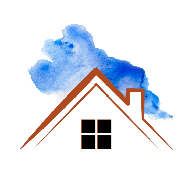 An illustration of a house roof with blue watercolor sky