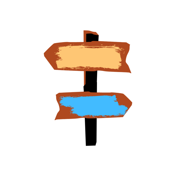 two sign posts pointing in opposite directions with blue and yellow watercolor