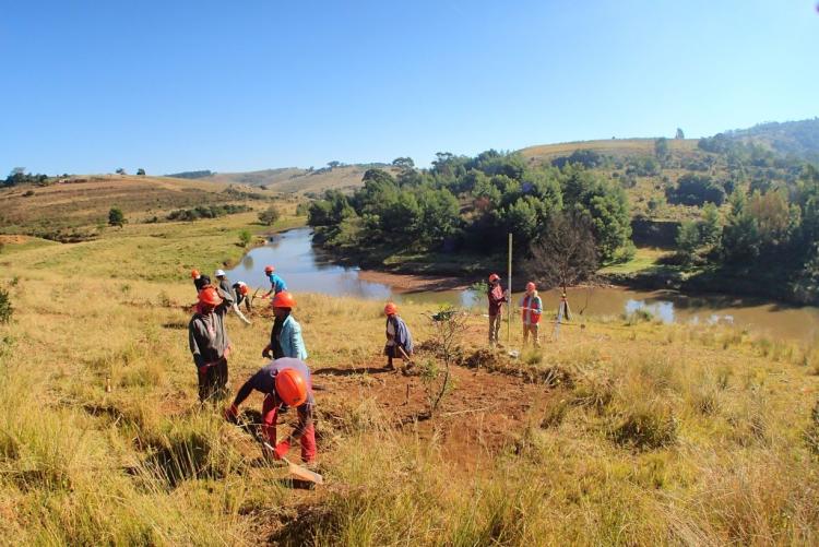 The team working at the bridge site with pickaxes and shovels.