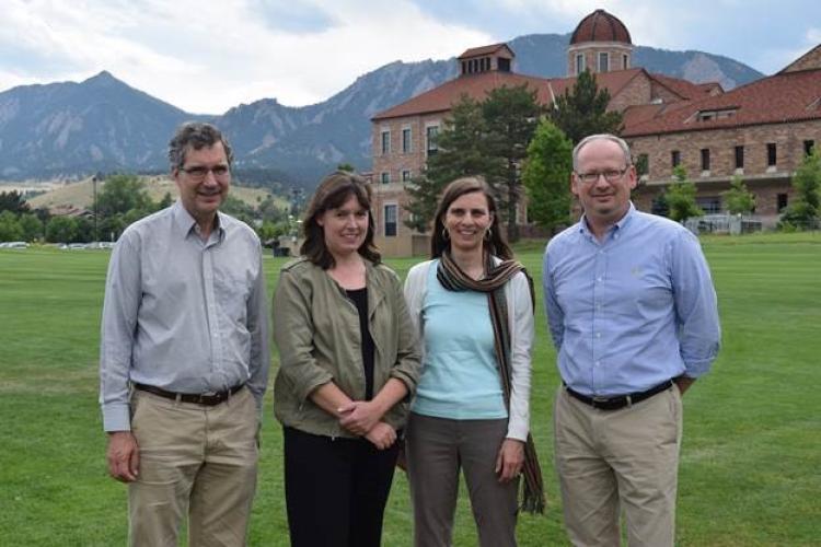 From left: Diego Restrepo, Emily Gibson, Juliet Gopinath and Victor Bright on the Business Field at CU Boulder.