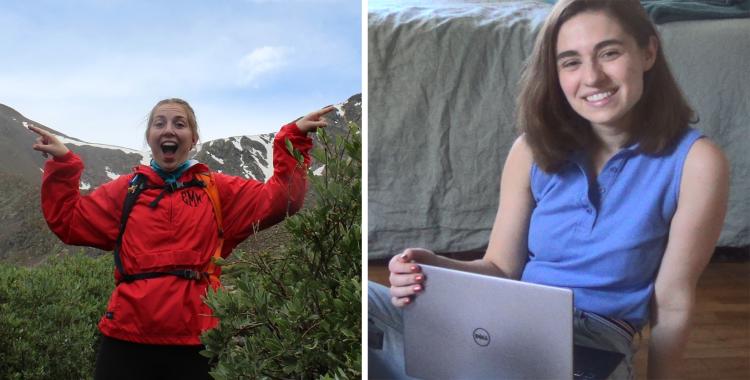 Emily Mitzak in front of mountain, Ella Sarder with laptop
