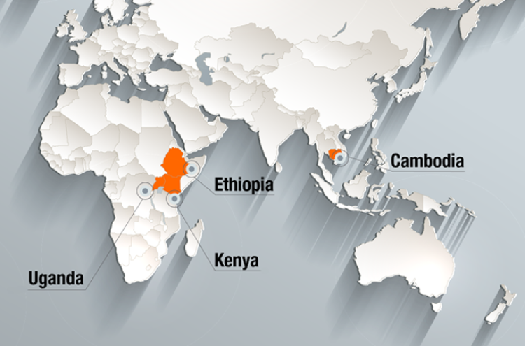 World map marking Uganda, Ethiopia, Kenya and Cambodia