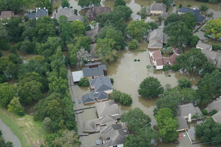 An aerial view of homes flooded by Hurricane Harvey.