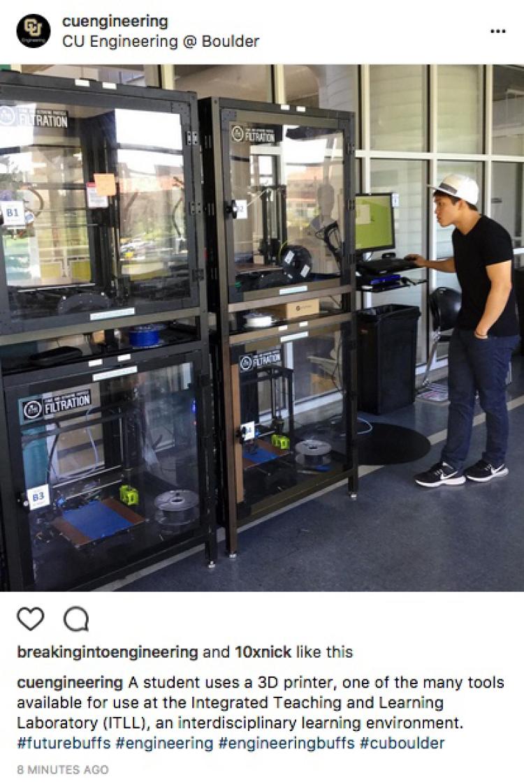 A students uses a 3D printer at the ITLL