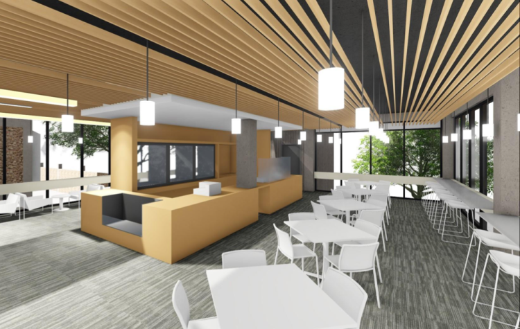 A rendering of the lobby renovation showing the new cafe space.