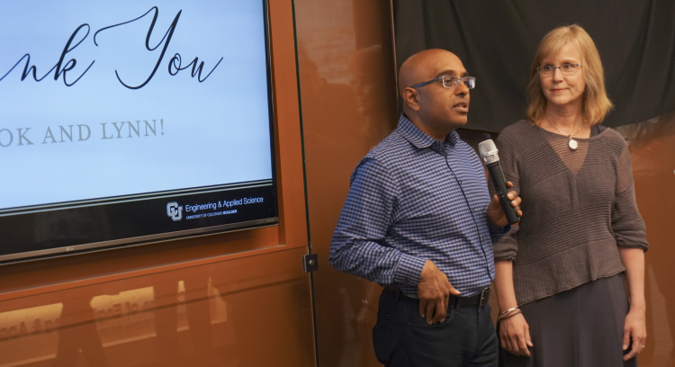 Srivastava and Waelde at the celebration to dedicate the Engineering Center lobby in their names in honor of their scholarship gift.
