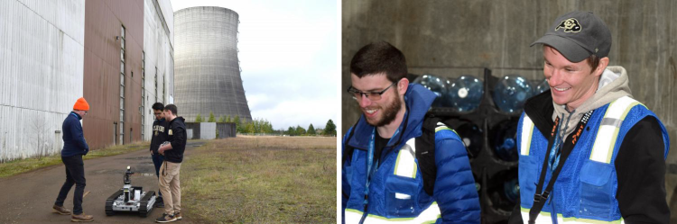 Left photo: Students working with a drone outside the facility; right photo: Mike O. gets ready for the next run on the course