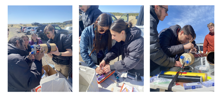 CU Trailblazers in three photos put together the rocket on launch day