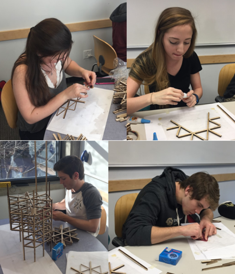 Team members working hard on skyscraper construction. Clockwise from top left: Melanie Traylor, Julie Hardy, Steven Lorence and Cody Candler.