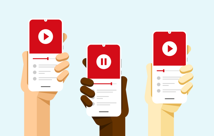 Drawn hands holding phones showing YouTube