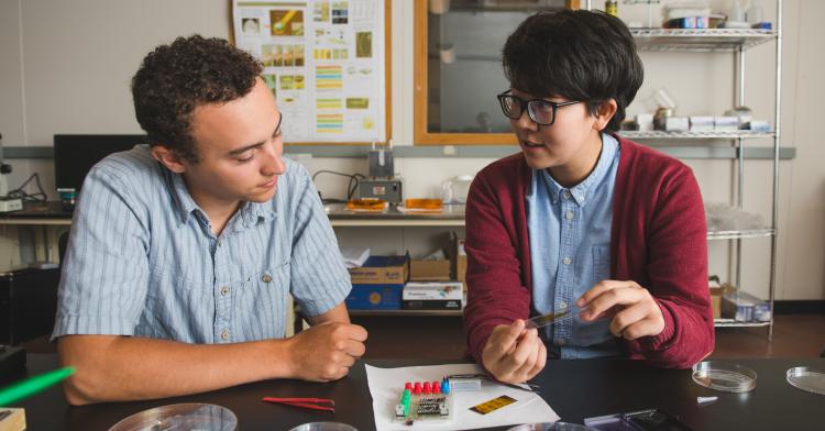 Two graduate students discuss a project in a lab