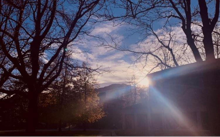 Sun rising on CU Boulder campus