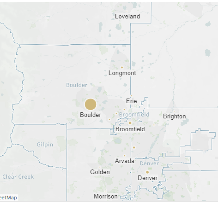 Map showing distribution of engineering graduate students across the Denver-Boulder Metro area