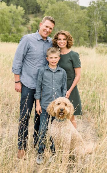 Nathan Will (husband), Gavin Will (son), Nelly (Golden Doodle), and Amy Javernick-Will