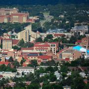 CU Boulder's campus seen from the air, looking at college of engineering