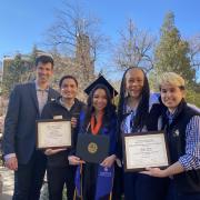 From left to right: Phil Courey, Program Manager, Engineering GoldShirt Program, Andres Schemel Senior Coordinator, Engineering GoldShirt Program, Leah Rivera (EVEN'21) , Tanya Ennis, Director of The BOLD Center, David Aguiar, Coordinator of BOLD Programs and Student Engagement