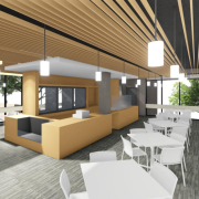 A rendering of the lobby renovation showing the new cafe space. 