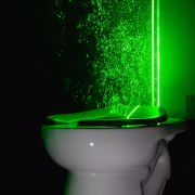 owerful green laser helps visualize the aerosol plumes from a toilet when it’s being flushed. 