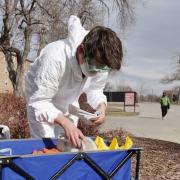 PJ from Reno, Nevada, who graduated from CU Boulder environmental engineering, conducts COVID-19 wastewater testing on the CU Boulder campus in March of 2021.