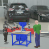 An illustration of a robot and a human working on an EV battery, with electric cars in the background