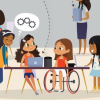 A cartoon illustration of four elementary-aged students around a laptop