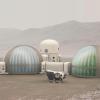 Martian landscape with habitat rendering