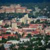 Aerial view of CU Boulder campus with engineering building 