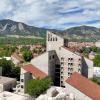An aerial view of the Engineering Center, with the Flatirons in the distance