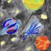 Student artwork of planets, stars and a comet 