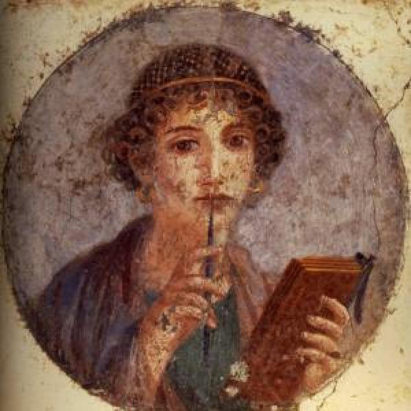 Painting of a woman holding a pen to her mouth