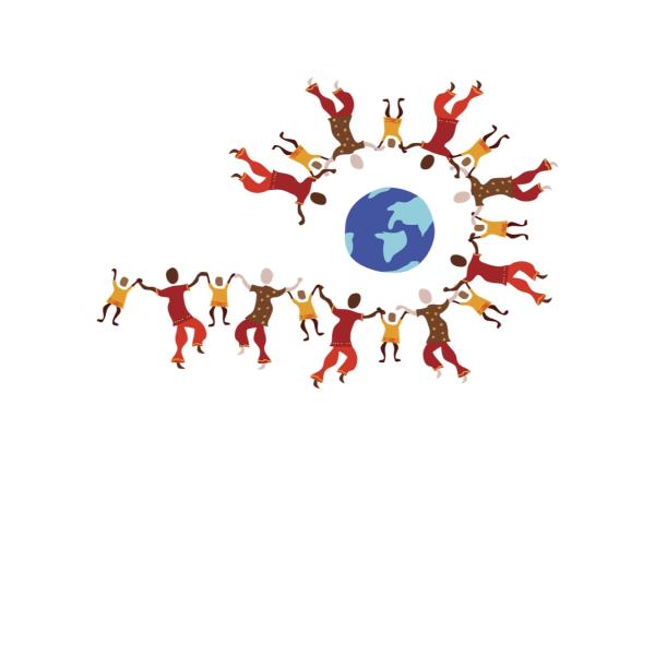 illustration of people holding hands around a globe